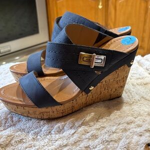 Black Cork Wedge Sandals with Gold Buckle